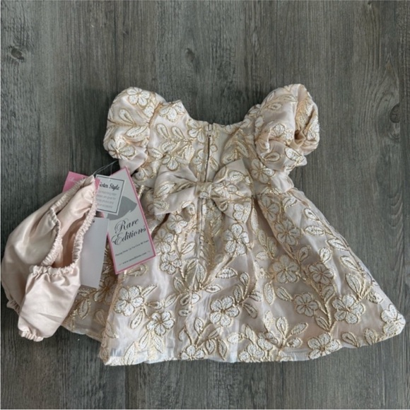 Rare Editions Gold Brocade Floral Burnout Organza Baby Girl Dress Bloomers NWT - Picture 6 of 6
